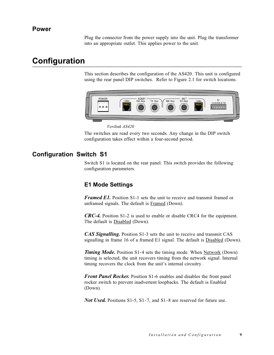 Power, Configuration, Configurationswitchs1 | E1 mode settings, Configuration switch s1 | Verilink AS420 (34-00294) Product Manual User Manual | Page 17 / 28