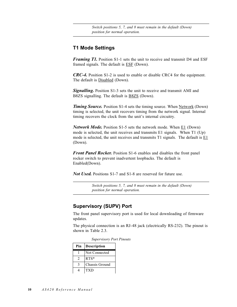 T1 mode settings, Supervisory (supv) port | Verilink AS420 (34-00294) Product Manual User Manual | Page 18 / 28