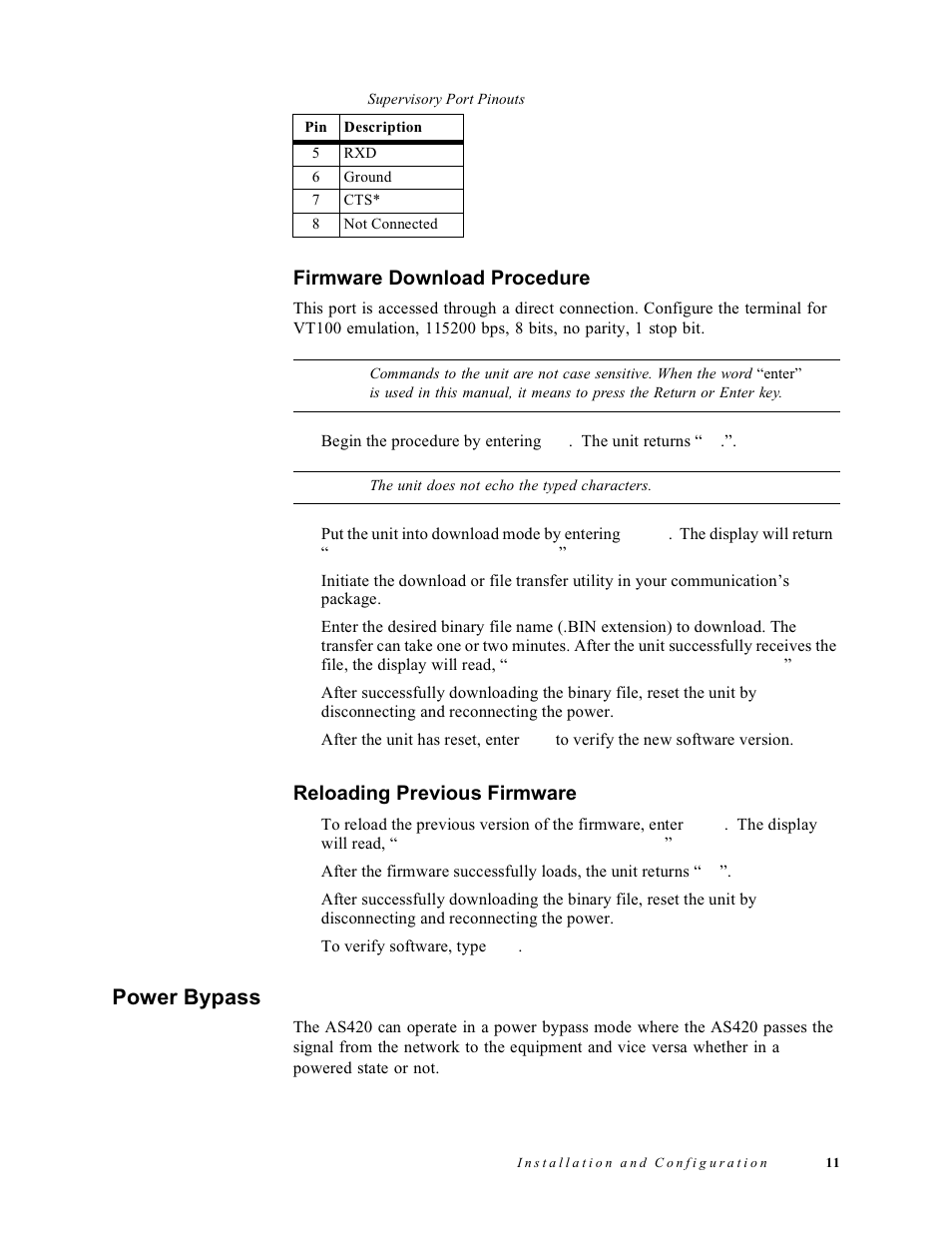 Firmware download procedure, Reloading previous firmware, Power bypass | Verilink AS420 (34-00294) Product Manual User Manual | Page 19 / 28