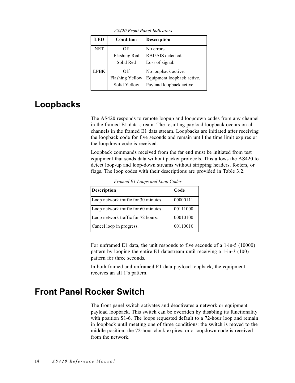 Loopbacks, Front panel rocker switch | Verilink AS420 (34-00294) Product Manual User Manual | Page 22 / 28