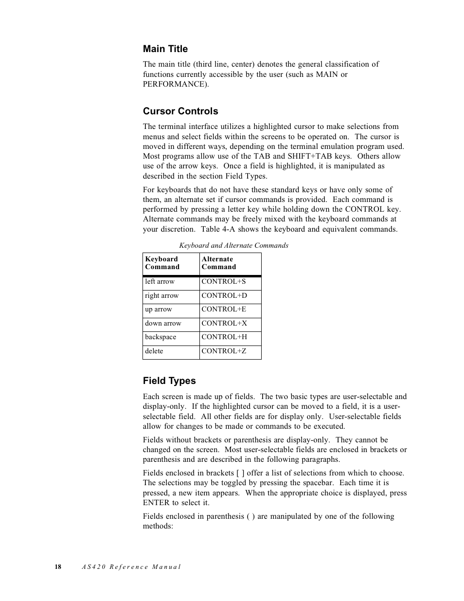 Main title, Cursor controls, Field types | Verilink AS420 (34-00294) Product Manual User Manual | Page 26 / 28