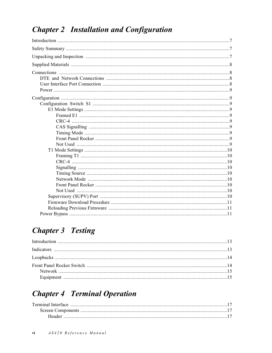 Chapter 2 installation and configuration, Chapter 3 testing, Chapter 4 terminal operation | Verilink AS420 (34-00294) Product Manual User Manual | Page 6 / 28