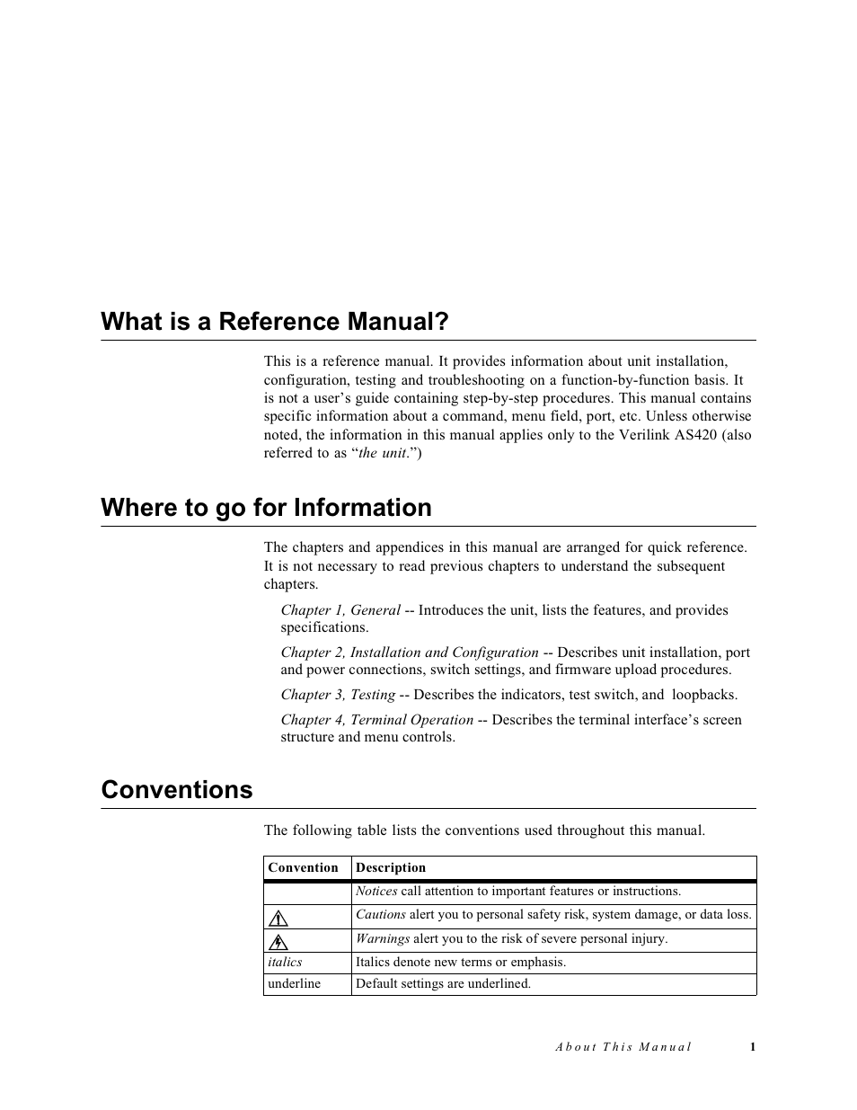 About this manual, What is a reference manual, Where to go for information | Conventions, Bout, Anual | Verilink AS420 (34-00294) Product Manual User Manual | Page 9 / 28