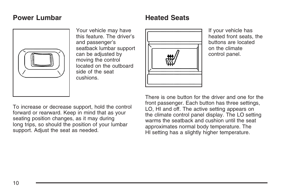 Power lumbar, Heated seats, Power lumbar heated seats | Cadillac 2007 CTS User Manual | Page 10 / 518