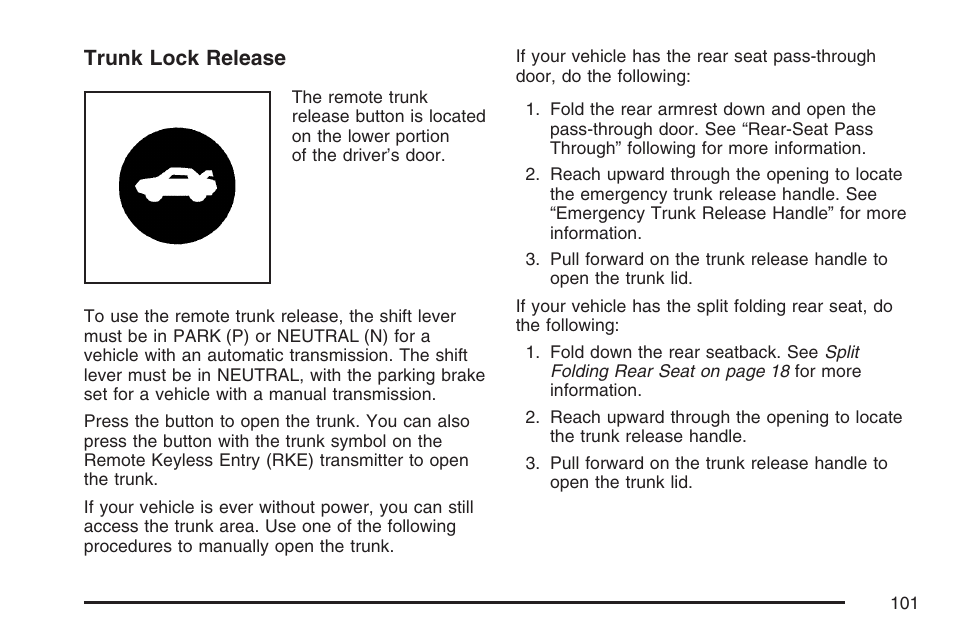 Trunk lock release | Cadillac 2007 CTS User Manual | Page 101 / 518