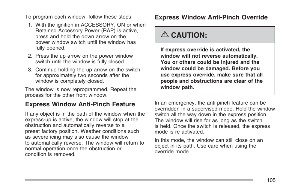 Caution | Cadillac 2007 CTS User Manual | Page 105 / 518