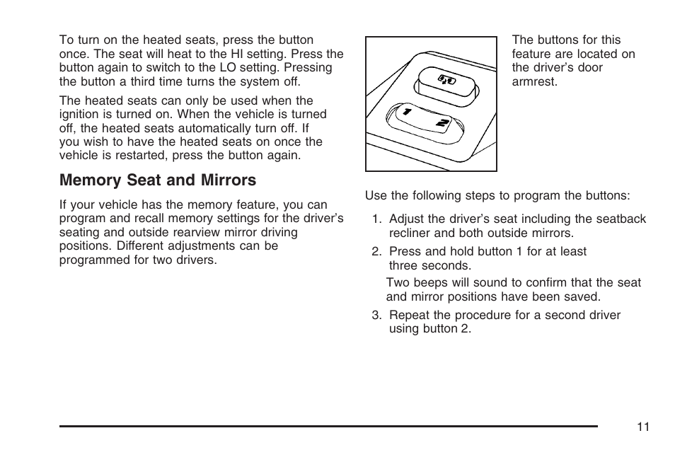 Memory seat and mirrors | Cadillac 2007 CTS User Manual | Page 11 / 518