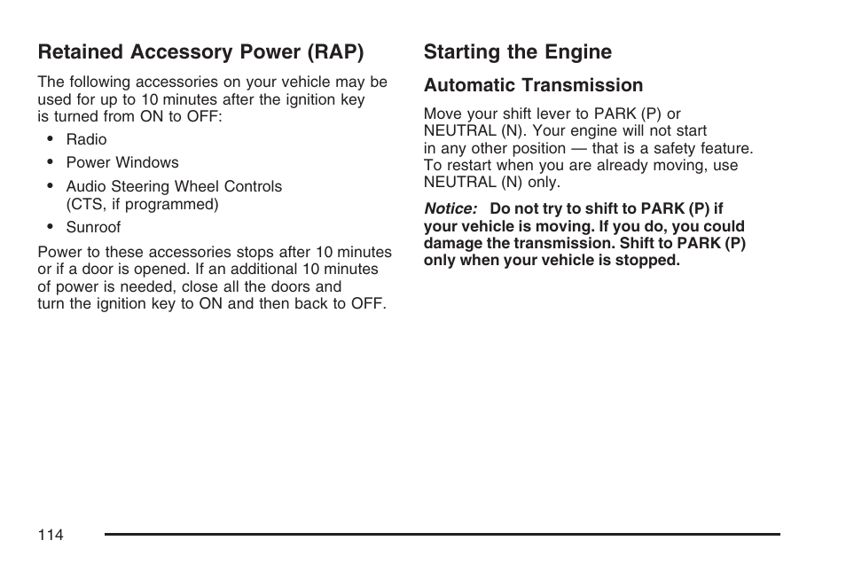 Retained accessory power (rap), Starting the engine | Cadillac 2007 CTS User Manual | Page 114 / 518