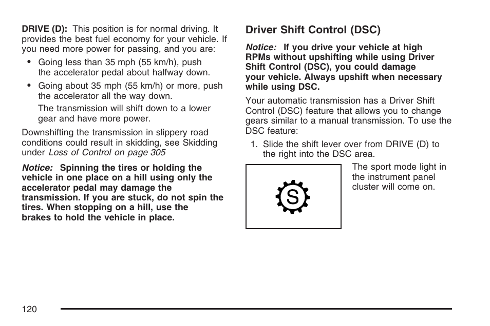 Driver shift control (dsc) | Cadillac 2007 CTS User Manual | Page 120 / 518