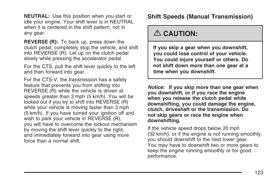 Caution | Cadillac 2007 CTS User Manual | Page 123 / 518