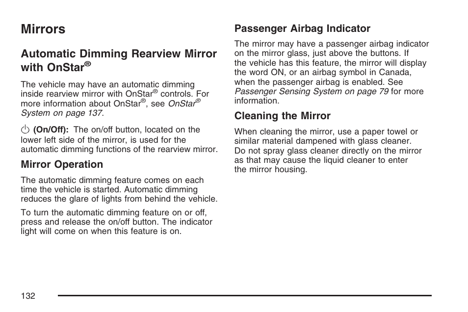 Mirrors, Automatic dimming rearview mirror with onstar, Automatic dimming rearview mirror | With onstar | Cadillac 2007 CTS User Manual | Page 132 / 518