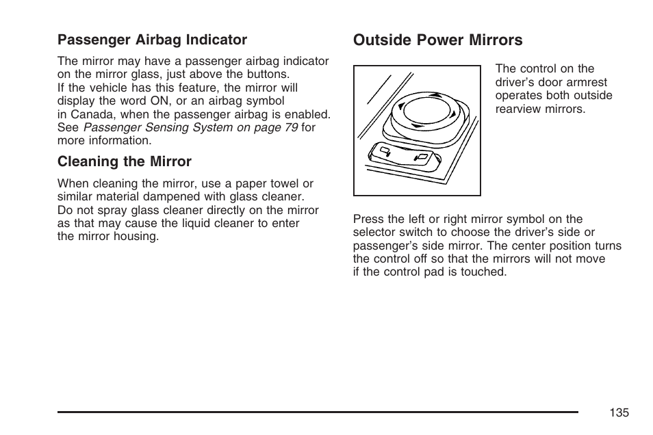 Outside power mirrors | Cadillac 2007 CTS User Manual | Page 135 / 518