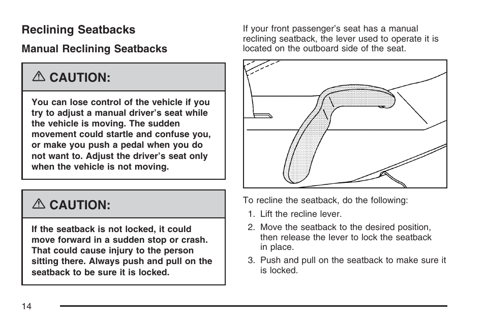 Reclining seatbacks, Caution | Cadillac 2007 CTS User Manual | Page 14 / 518