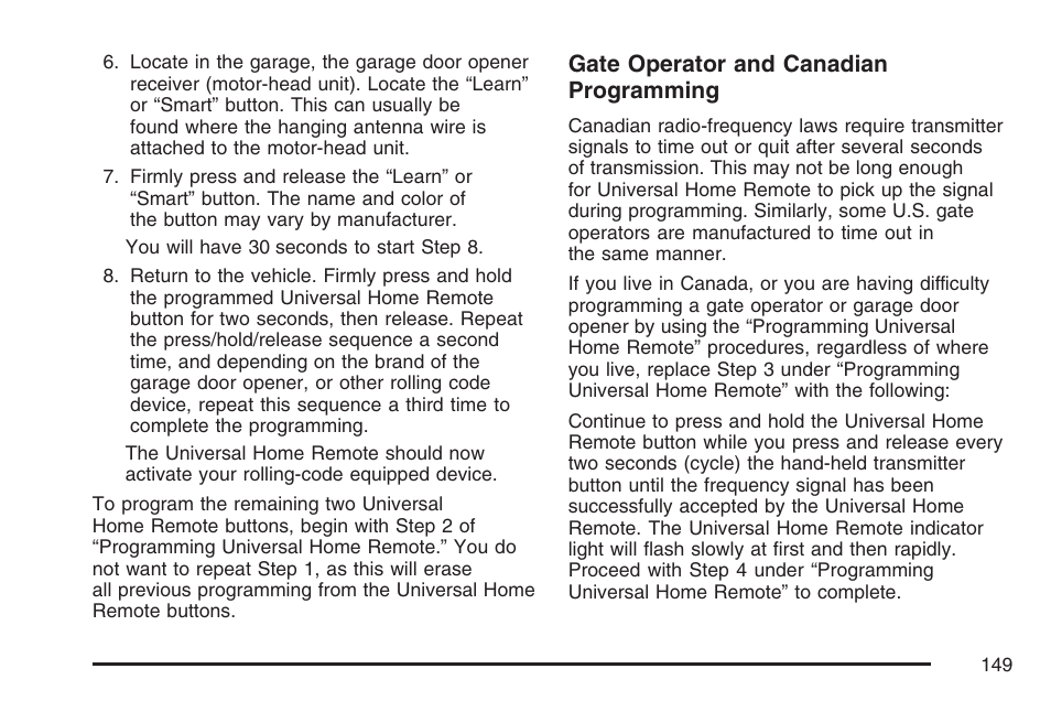 Gate operator and canadian programming | Cadillac 2007 CTS User Manual | Page 149 / 518