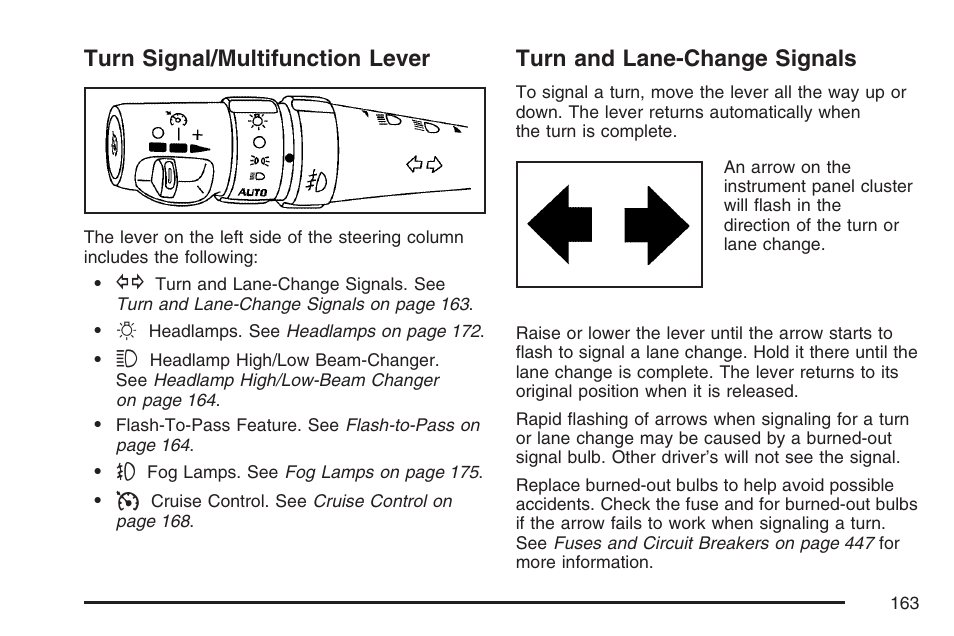 Turn signal/multifunction lever, Turn and lane-change signals, Turn | Signal/multifunction lever | Cadillac 2007 CTS User Manual | Page 163 / 518