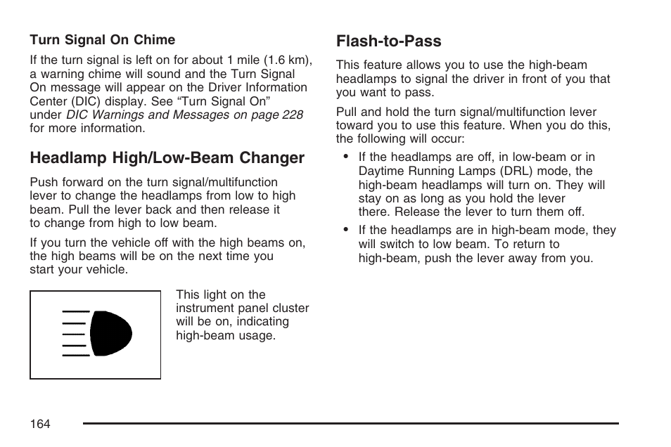 Headlamp high/low-beam changer, Flash-to-pass, Headlamp high/low-beam changer flash-to-pass | Cadillac 2007 CTS User Manual | Page 164 / 518