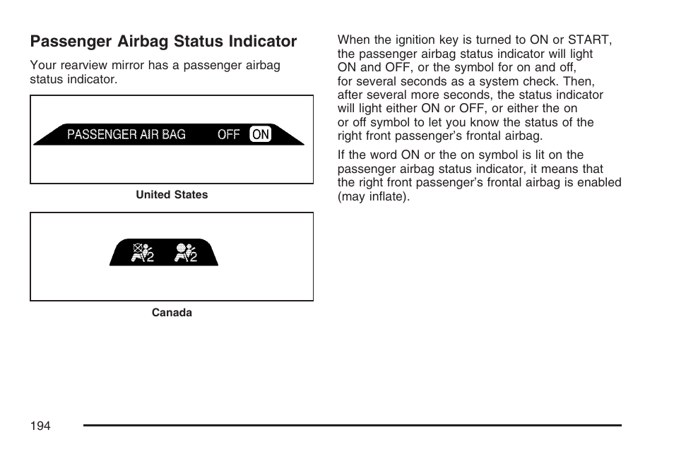 Passenger airbag status indicator | Cadillac 2007 CTS User Manual | Page 194 / 518