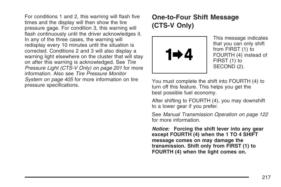 One-to-four shift message (cts-v only) | Cadillac 2007 CTS User Manual | Page 217 / 518