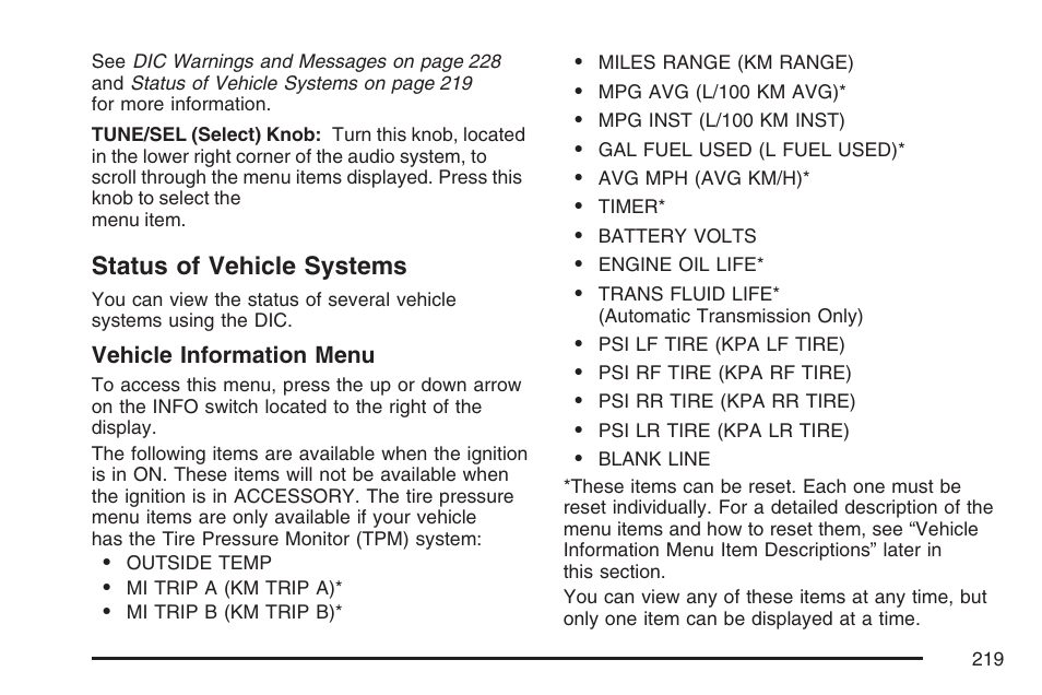 Status of vehicle systems | Cadillac 2007 CTS User Manual | Page 219 / 518