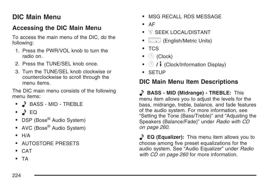 Dic main menu | Cadillac 2007 CTS User Manual | Page 224 / 518
