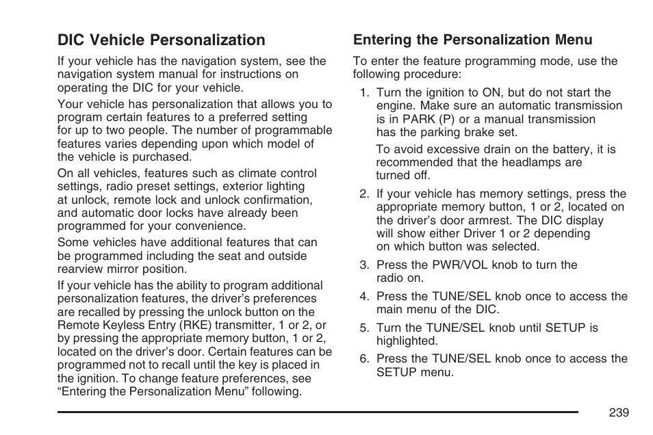 Dic vehicle personalization | Cadillac 2007 CTS User Manual | Page 239 / 518