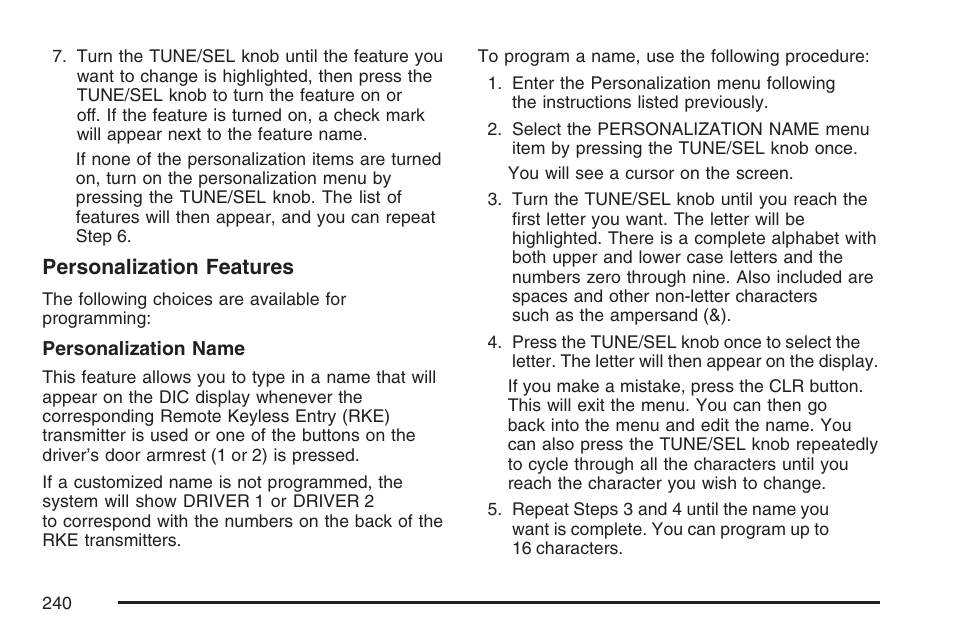 Personalization features | Cadillac 2007 CTS User Manual | Page 240 / 518