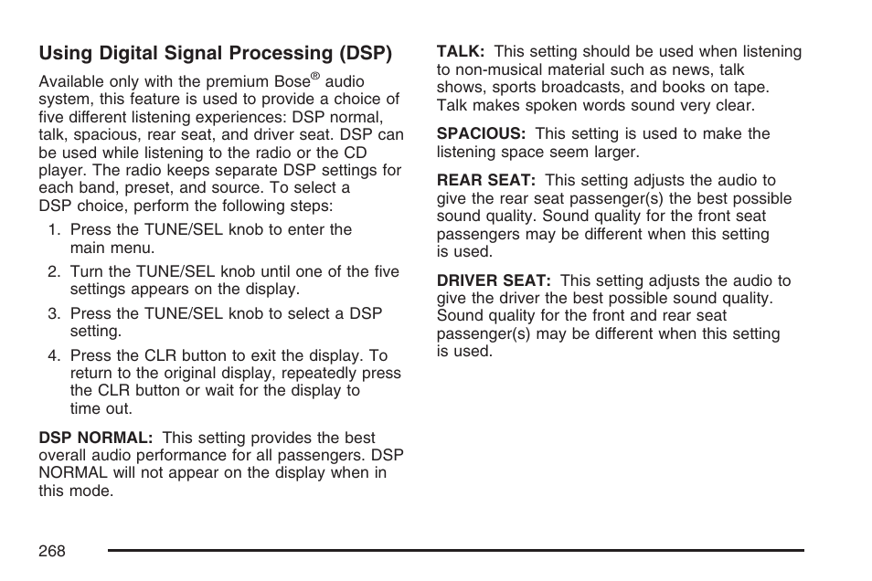 Using digital signal processing (dsp) | Cadillac 2007 CTS User Manual | Page 268 / 518