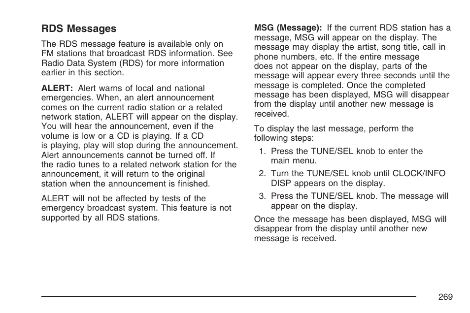 Rds messages | Cadillac 2007 CTS User Manual | Page 269 / 518