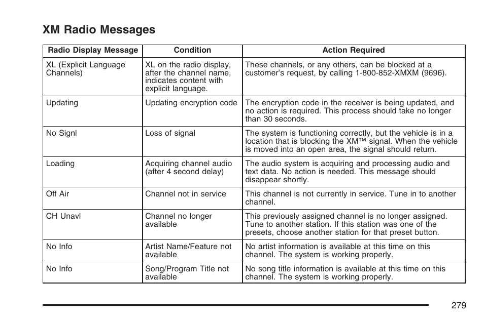 Xm radio messages | Cadillac 2007 CTS User Manual | Page 279 / 518