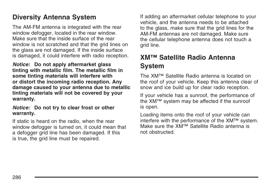 Diversity antenna system, Xm™ satellite radio antenna system | Cadillac 2007 CTS User Manual | Page 286 / 518