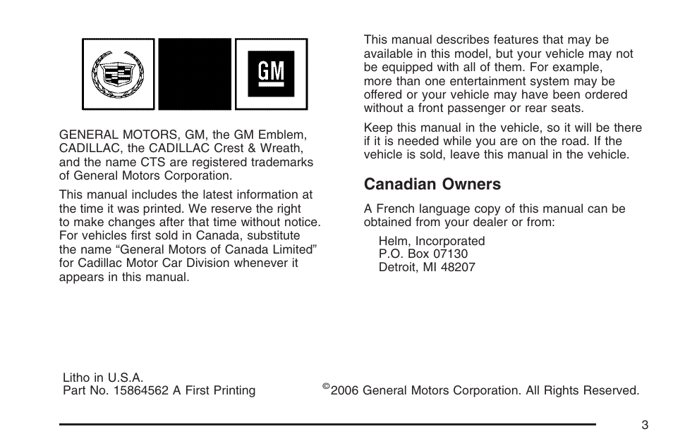 Canadian owners | Cadillac 2007 CTS User Manual | Page 3 / 518