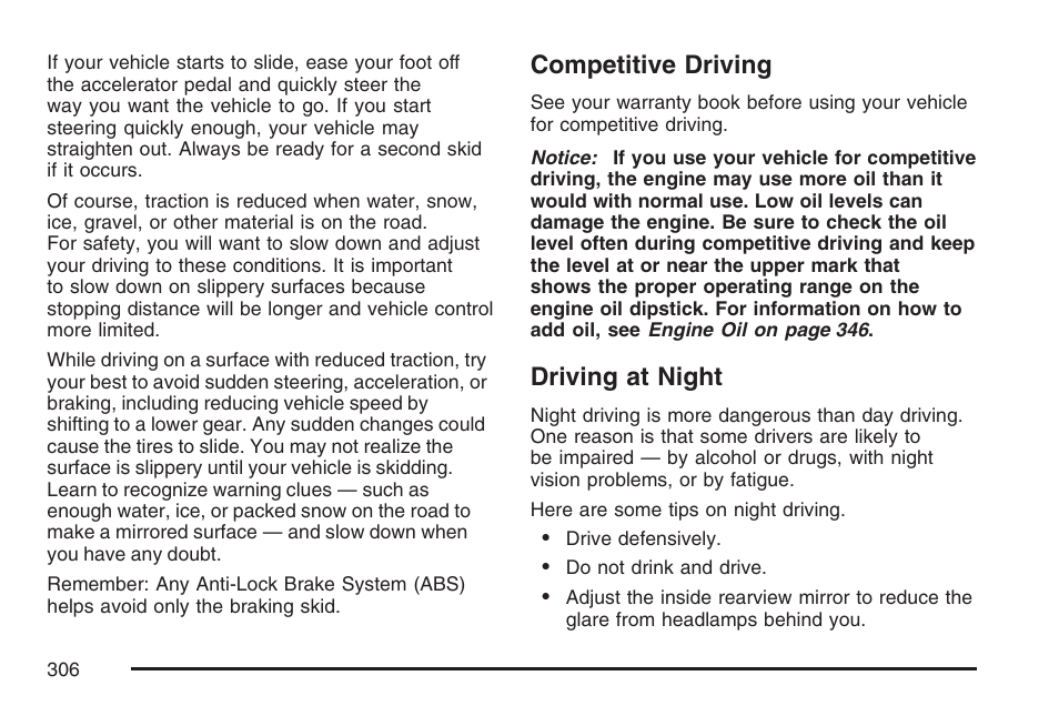 Competitive driving, Driving at night, Competitive driving driving at night | Cadillac 2007 CTS User Manual | Page 306 / 518