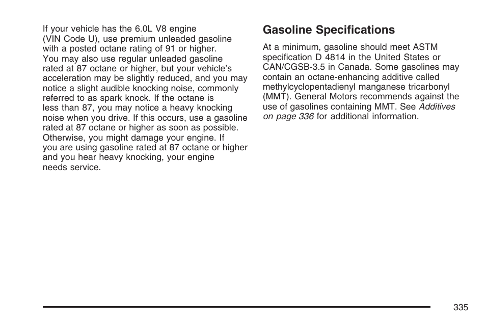 Gasoline specifications | Cadillac 2007 CTS User Manual | Page 335 / 518