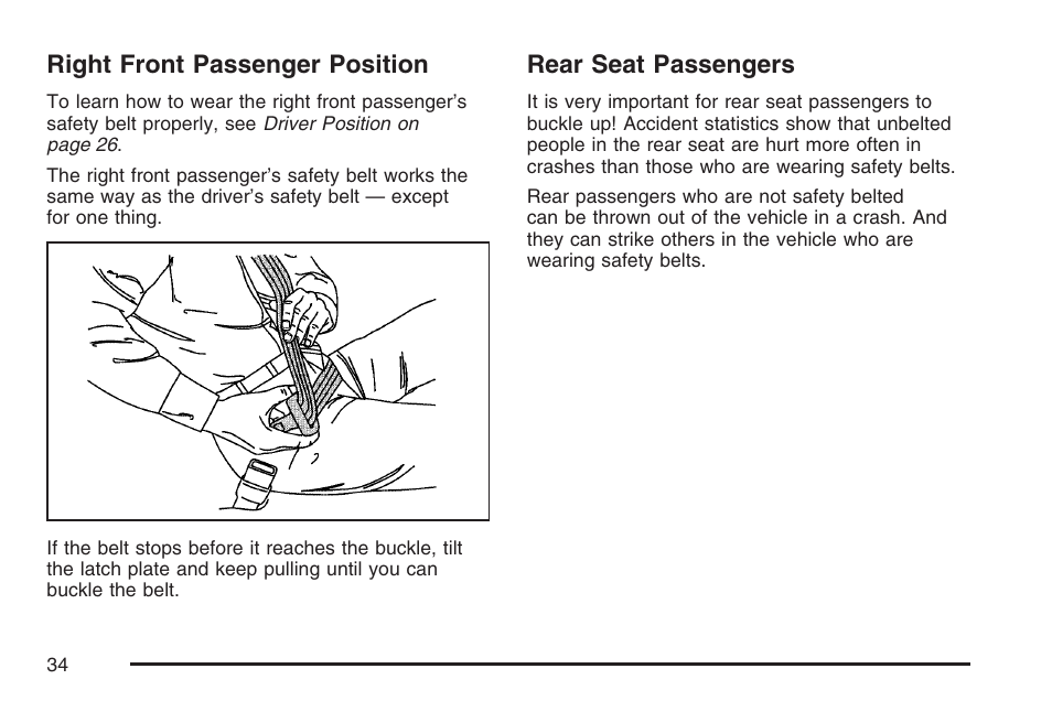 Right front passenger position, Rear seat passengers | Cadillac 2007 CTS User Manual | Page 34 / 518