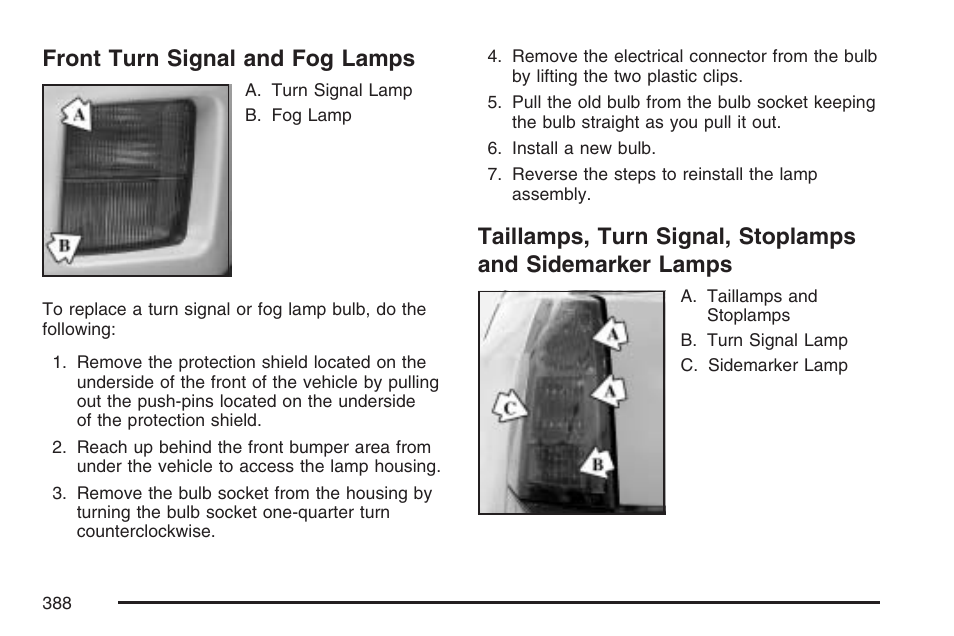 Front turn signal and fog lamps, Sidemarker lamps | Cadillac 2007 CTS User Manual | Page 388 / 518