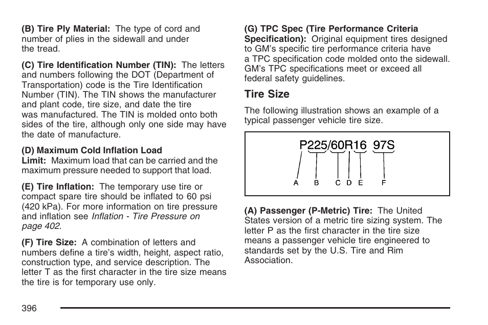 Tire size | Cadillac 2007 CTS User Manual | Page 396 / 518