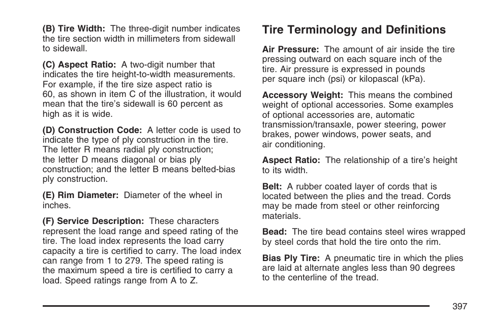 Tire terminology and definitions | Cadillac 2007 CTS User Manual | Page 397 / 518