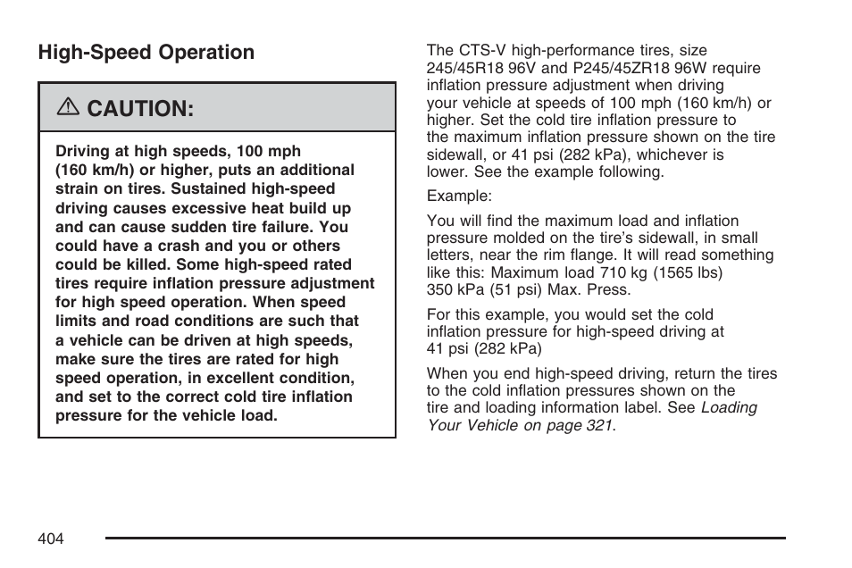 High-speed operation, Caution | Cadillac 2007 CTS User Manual | Page 404 / 518