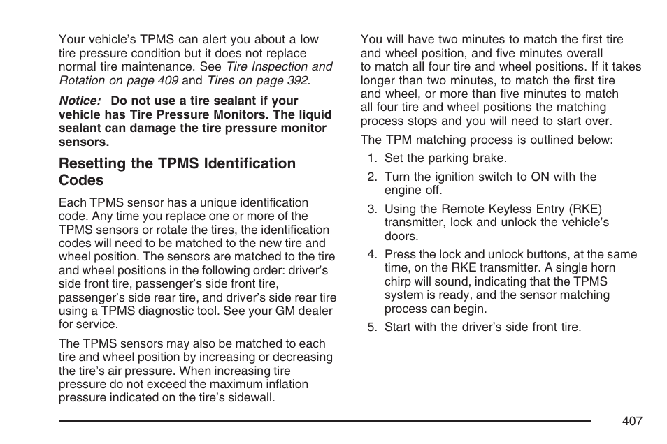 Resetting the tpms identification codes | Cadillac 2007 CTS User Manual | Page 407 / 518