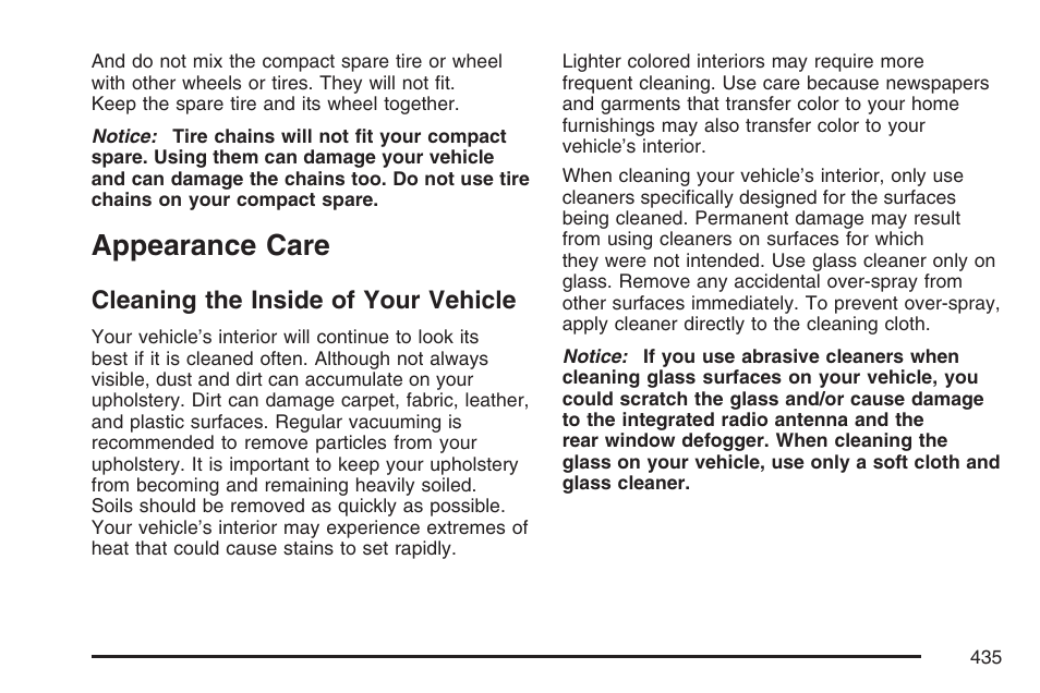 Appearance care, Cleaning the inside of your vehicle | Cadillac 2007 CTS User Manual | Page 435 / 518