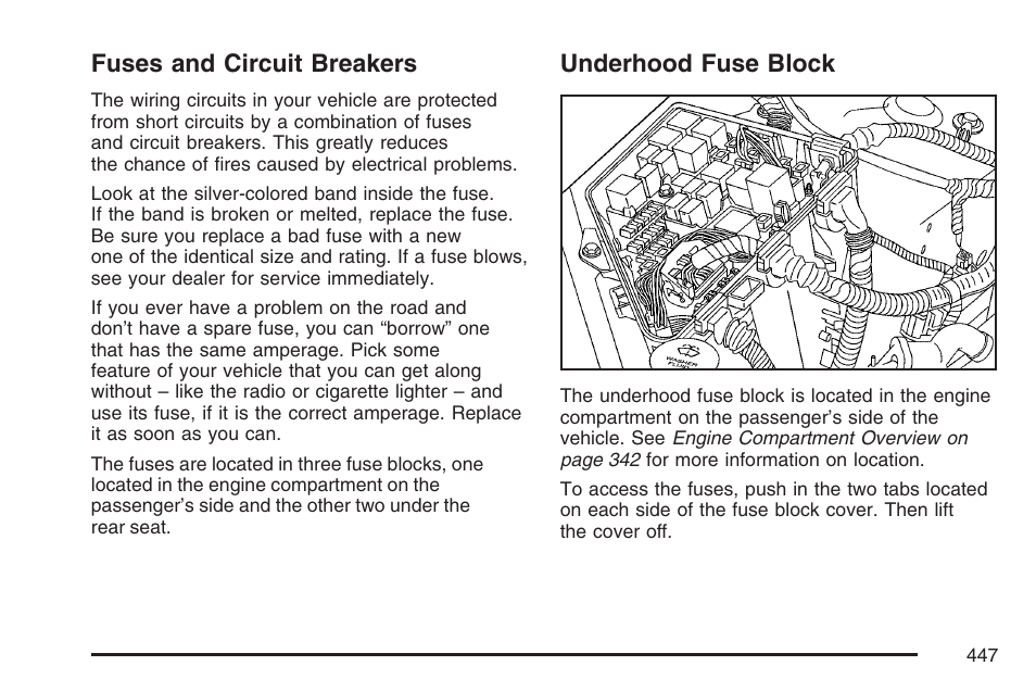 Fuses and circuit breakers, Underhood fuse block, Fuses and circuit breakers underhood fuse block | Underhood fuse, Block | Cadillac 2007 CTS User Manual | Page 447 / 518