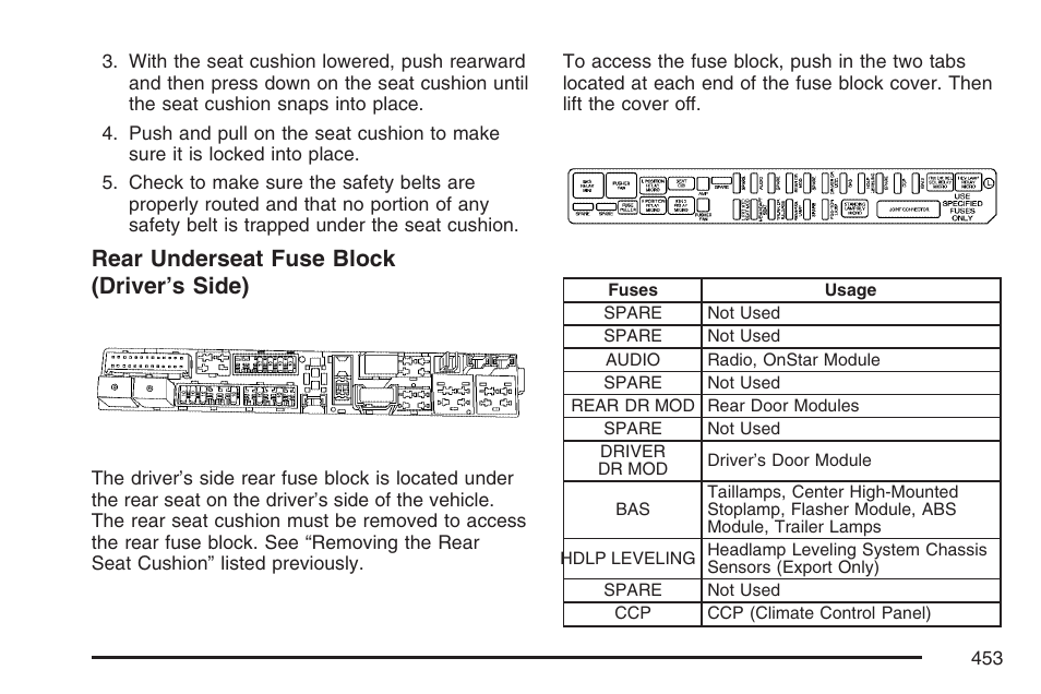 Rear underseat fuse block (driver’s side) | Cadillac 2007 CTS User Manual | Page 453 / 518