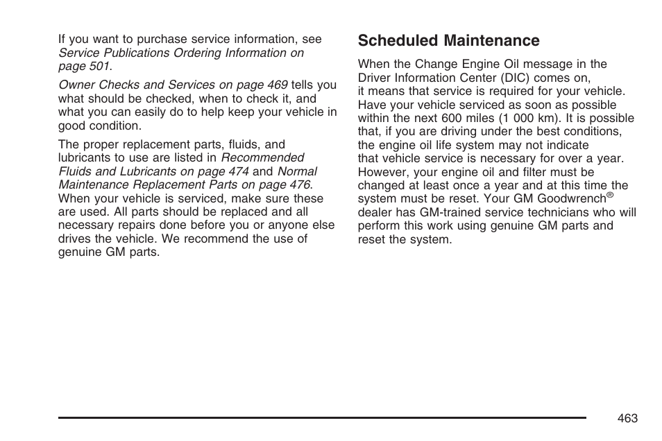 Scheduled maintenance | Cadillac 2007 CTS User Manual | Page 463 / 518