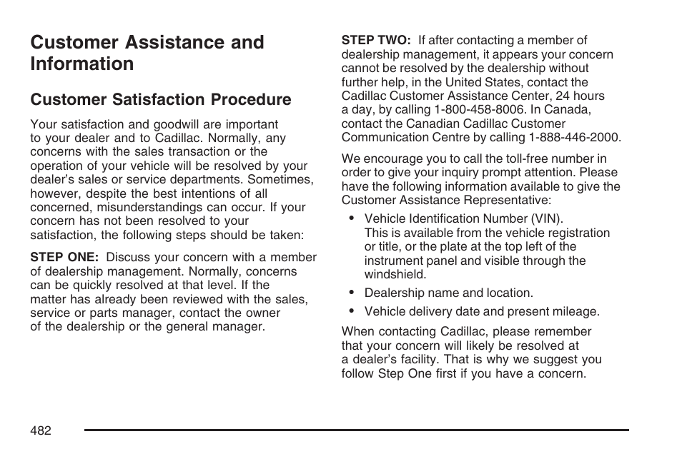 Customer assistance and information, Customer satisfaction procedure | Cadillac 2007 CTS User Manual | Page 482 / 518