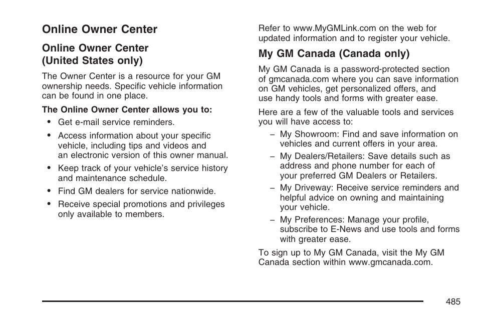 Online owner center | Cadillac 2007 CTS User Manual | Page 485 / 518