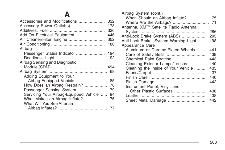 Index | Cadillac 2007 CTS User Manual | Page 503 / 518