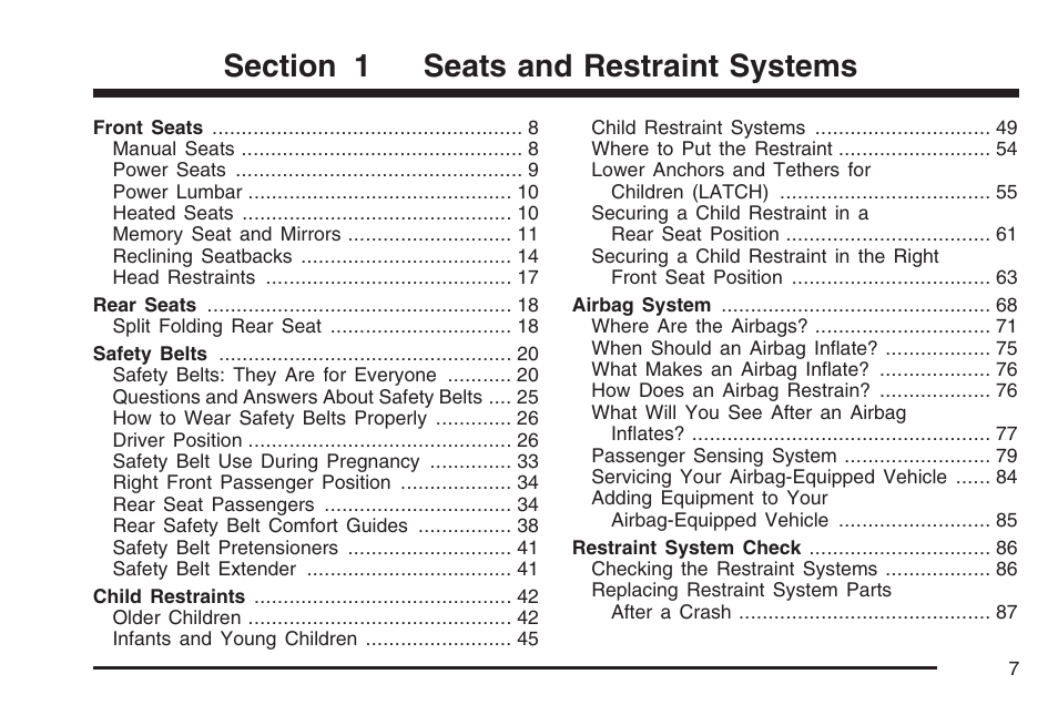 Seats and restraint systems | Cadillac 2007 CTS User Manual | Page 7 / 518