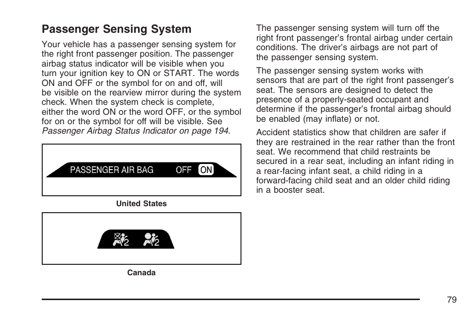 Passenger sensing system | Cadillac 2007 CTS User Manual | Page 79 / 518