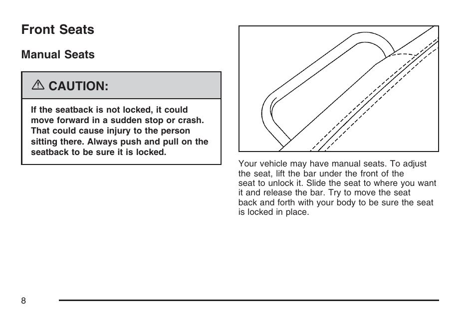 Front seats, Manual seats | Cadillac 2007 CTS User Manual | Page 8 / 518