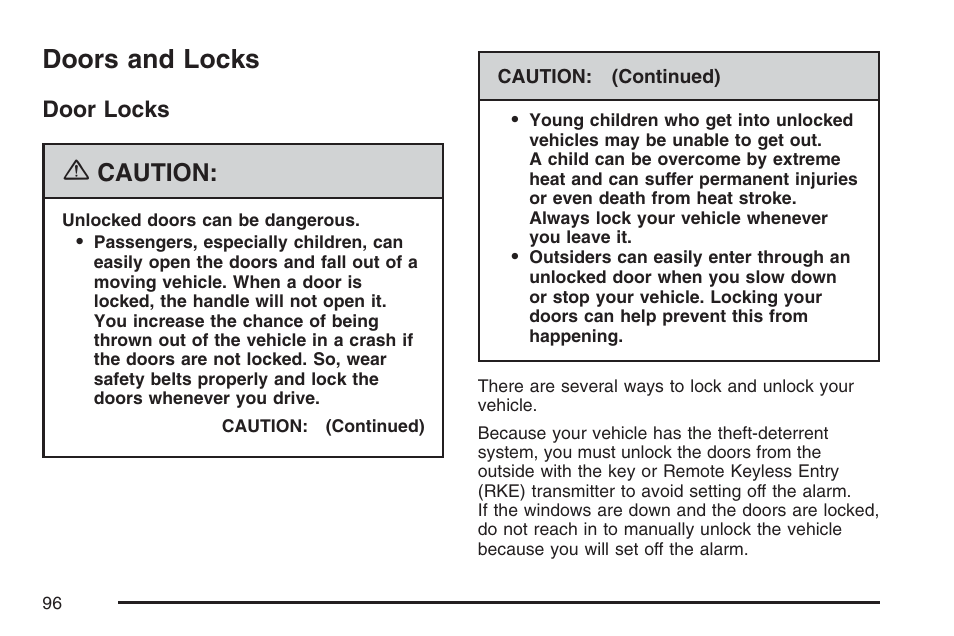 Doors and locks, Door locks, Caution | Cadillac 2007 CTS User Manual | Page 96 / 518